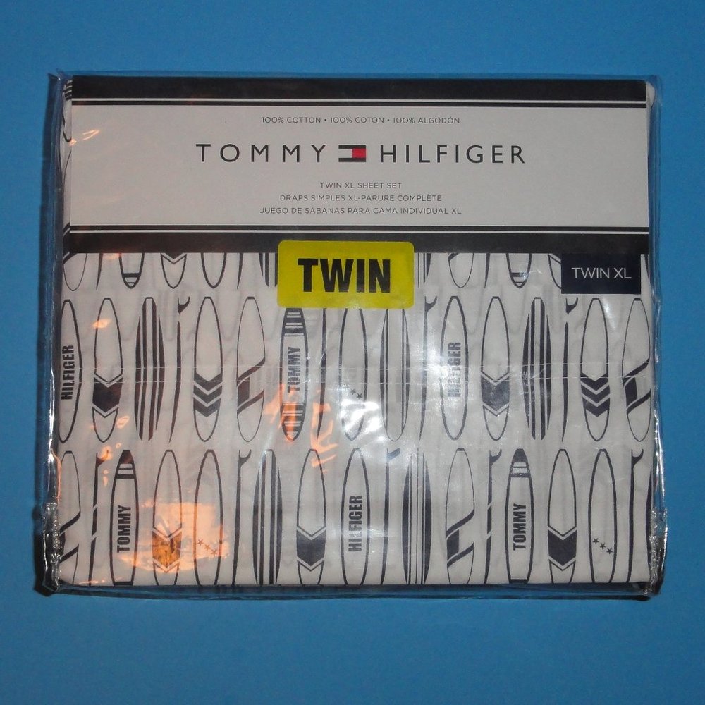 TOMMY HILFIGER Twin XL Sheet Set, 100% Cotton, NEW 3 pc, White Blue, surf beach